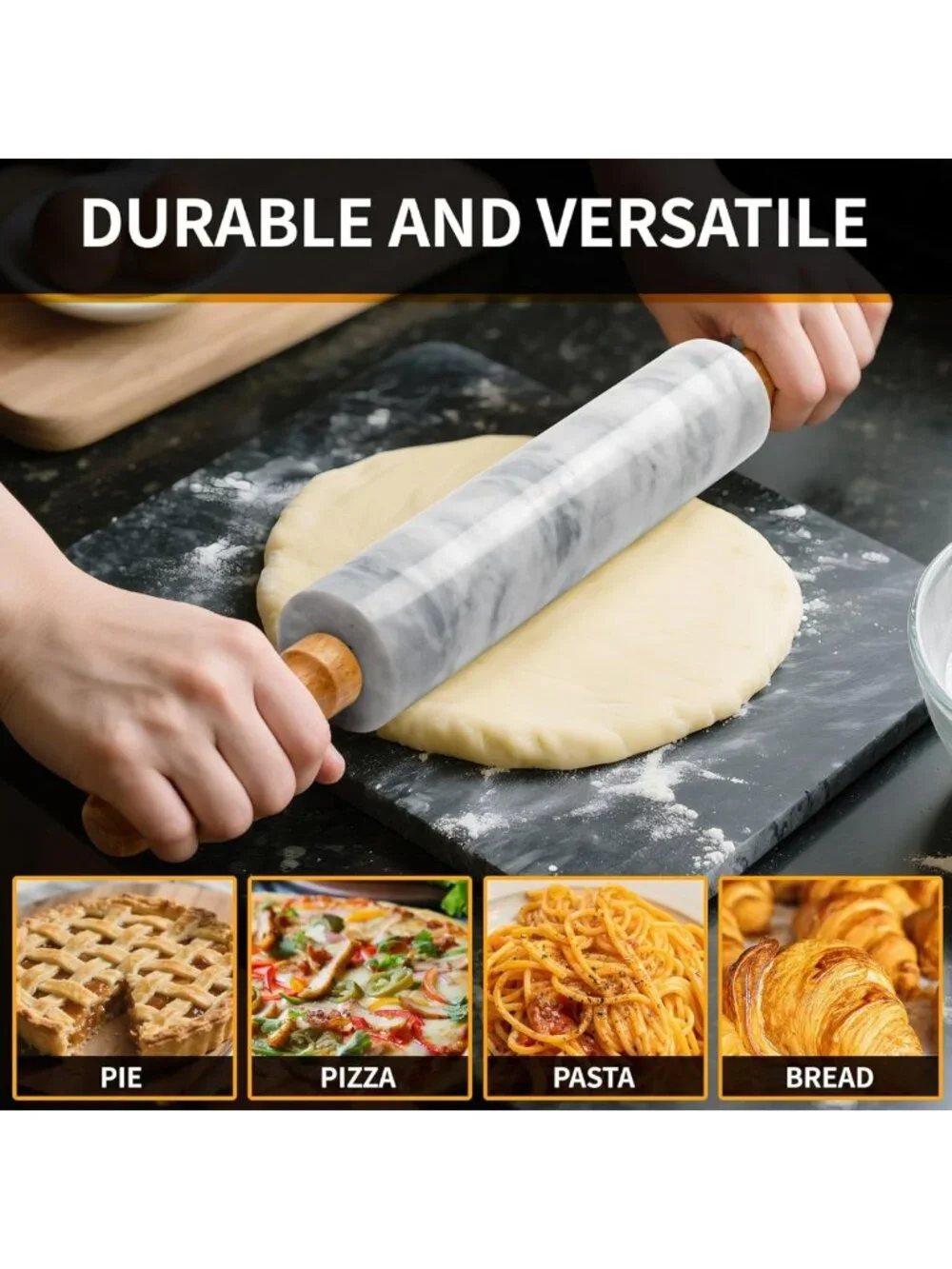 16.7” Marble Rolling Pin with Wooden Handles & Cradle - Perfect for Pizza